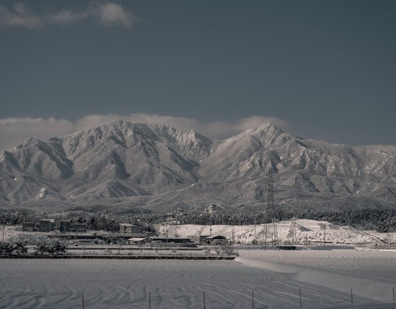 Snow Mountains - Snow-capped mountains rise above a serene town, #15201467