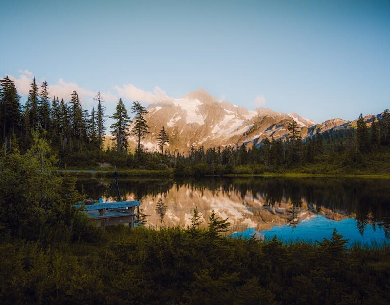 Lake Reflections - A peaceful mountain lake reflecting trees and sn #17841936