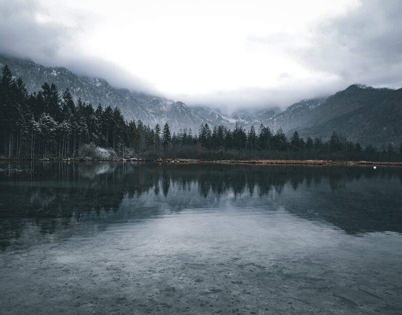 Lake Reflections - Scenic winter landscape of snowcapped mountains #19057218