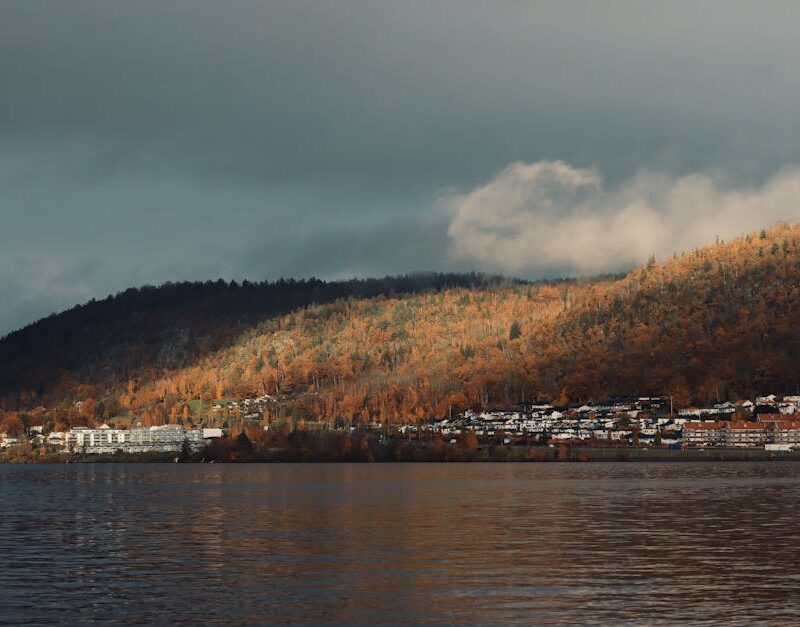 Lake Reflections - A scenic view of Jönköping's hillside with autum #19068033