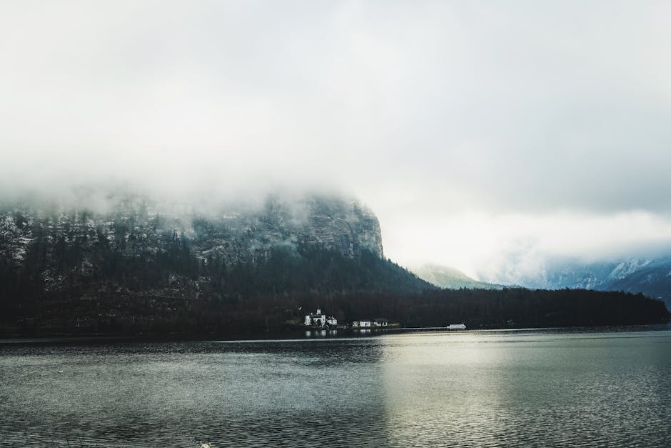 Lake Reflections - Serene lake with misty mountain backdrop and clo #28593673