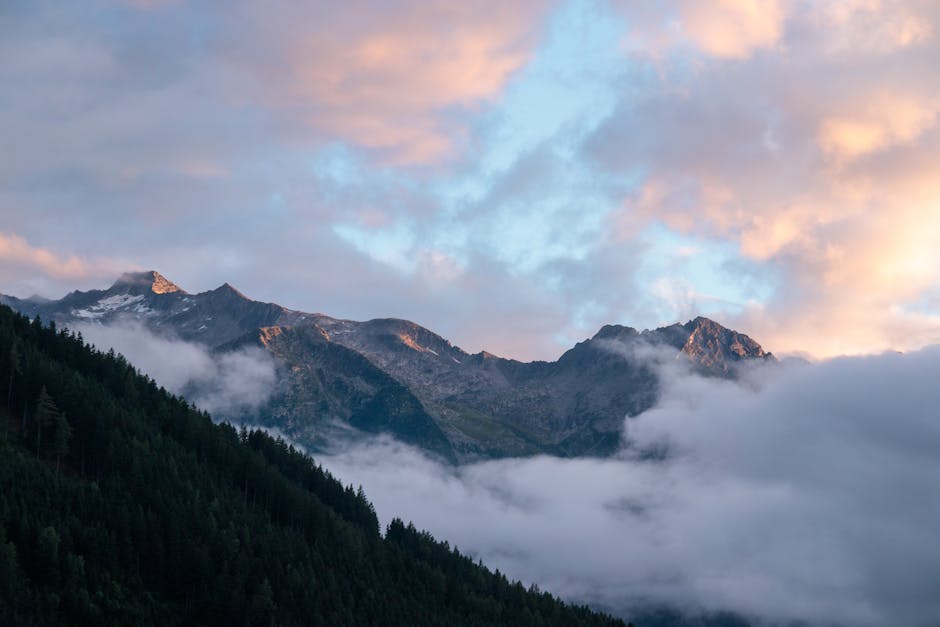 Mountain Landscapes - Mountain range with clouds and sunset sky, creat #33120477